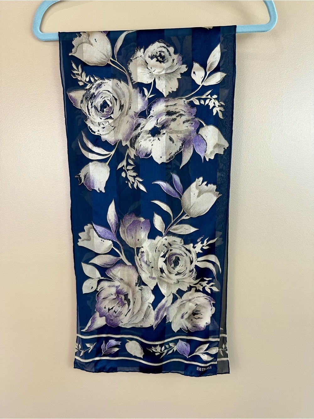 Vintage 1980s Bill Blass Silk Chiffon Scarf Navy Blue Purple Floral Oblong